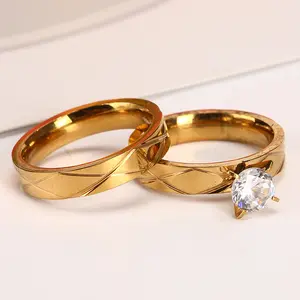 New hot sale stainless steel gold diamond stripe cross couple ring