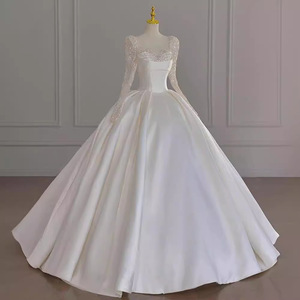 Wedding Dress Ball Gown Satin Sweetheart Neckline Long Sleeve <b>Floor</b> Length Plus Size Autumn Bridal Dress - Product Image 1