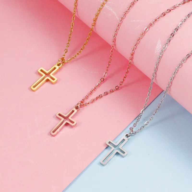 High Quality Religious Jewelry Stainless Steel Cross Pendant Necklace 18K Gold Plated Hollow Cross Steel Necklace For Man Woman