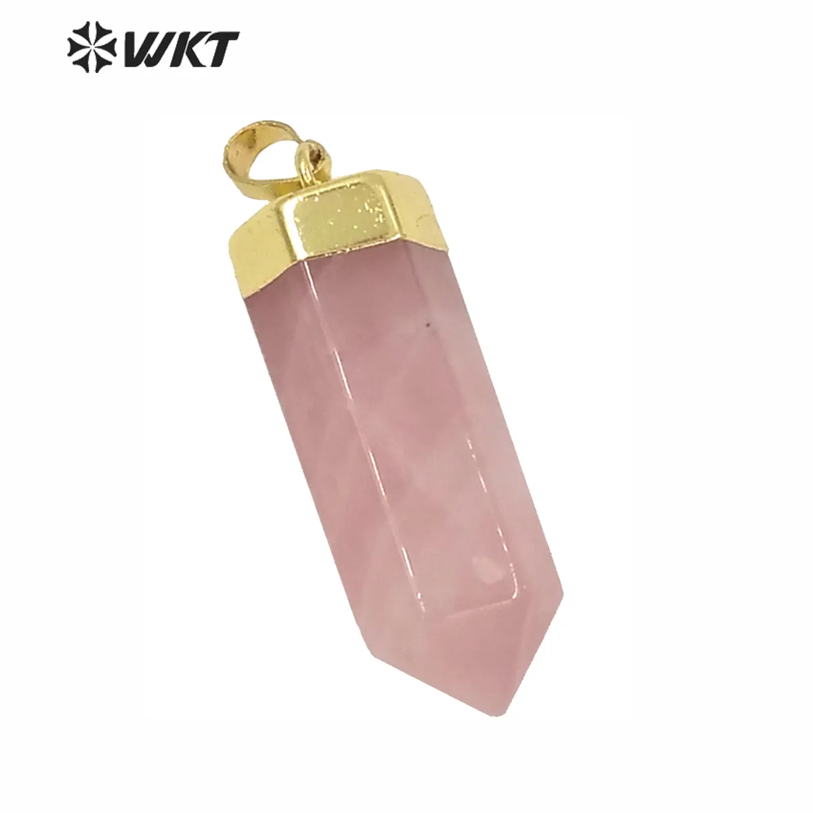 WT-P1412 Natural Pink Quartzy With Gold Capped Pendant Bohe Gift For Women Cute Pencil Point Healing Crystal and stone Pendant