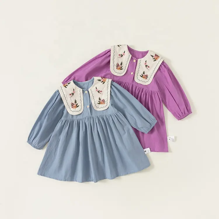 Doll neck dresses embroidered Sweet large lapel spring autumn princess smock latest designs for little girls dress for 2023
