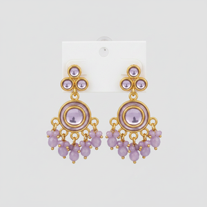 Pendientes Colgantes con Cuentas y Piedras Kundan en Color Morado Claro, Chapados en Oro, Accesorio de Moda-11103261PU - Product Image 2