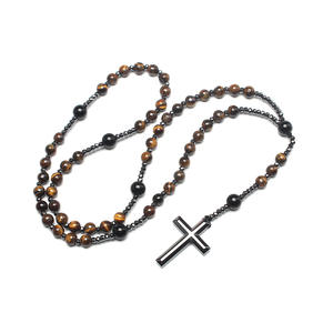 Perline di rosario di pietra naturale santo cattolico occhio di tigre collana di perle di pietra di gesus crocifisso medaglia croce amuleto religioso doni di preghiera - Product Image 6
