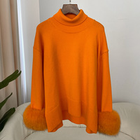 Pull en laine tricotée de haute qualité avec poignets en fourrure de renard, manteau en fourrure tendance pour femme