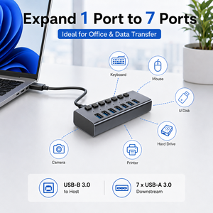 ฮับ USB 3.0 แบบ <span class=keywords><strong>7</strong></span> พอร์ต พร้อมสวิตช์แยกอิสระ <span class=keywords><strong>7</strong></span> ตัว ตัวแยกสัญญาณหลายพอร์ตอะลูมิเนียม พร้อมอะแดปเตอร์แปลงไฟ 12V 2A สำหรับพีซี - Product Image 5