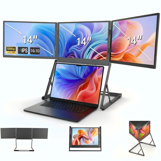 Ultra-Thin 14 Inch Triple Screen Laptop Extender Foldable Dual Monitor for Mac & Windows 1200P IPS Portable Monitor