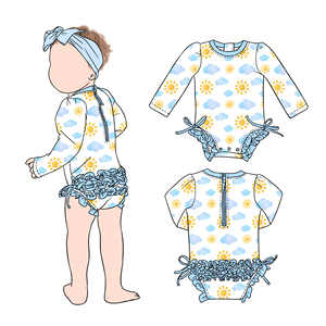Costume da bagno intero a maniche lunghe con stampa estiva Little Glow Kid, con volant sul retro, per bambine, ideale per viaggi <span class=keywords><strong>in</strong></span> <span class=keywords><strong>spiaggia</strong></span> a Hawaii. - Product Image 2