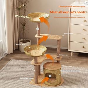 Arbre à chat en rotin tressé à la main, plusieurs plateformes, paniers tressés, poteaux à gratter en sisal, maison-caverne en rotin pour chats d'intérieur - Product Image 3