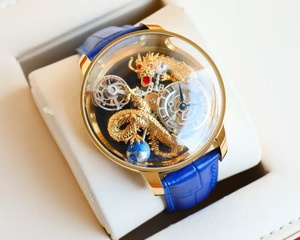 Montre mécanique automatique haut de gamme avec bracelet en cuir bleu, mouvement tourbillon, design artistique dragon. - Product Image 1