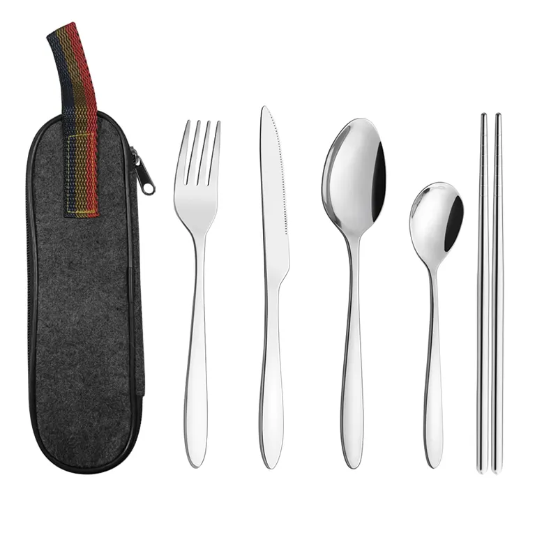 Camping Utensil Metal Set Portable Knives Fork Straw Spoon Chopstick Set Travel Cutlery Set With Storage Case