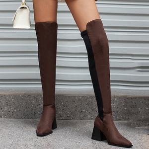 Big Size 48 Low Chunky Heels Women Stretch Long Boots Patchwork Suede Square Toe Wide Leg Over Knee Booties on <b>Shoes</b> - Product Image 1