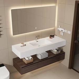 Minimally designed double-layer rock slab <b>rectangular</b> ceramic basin smart <b>mirror</b> bathroom cabinet - Product Image 2