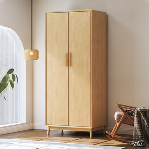 Modern Minimalist Solid Wood Wardrobe Hinged Door <b>Small</b> Apartment Bedroom Storage Cabinet Natural Wood Color Space Saving Design - Product Image 1