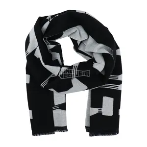 Supplier Private Label Black White Man Softness Thick Maxi Letter Woven Scarves Winter Custom Wool Logo Scarf