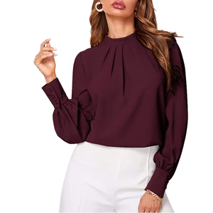 Blusa Elegante de Primavera para Mujer, Informal de Oficina, Transpirable, de Gasa, con Mangas Farol Plisadas, Cuello Alto y Botones Decorativos Frontales, No Tejida - Product Image 1