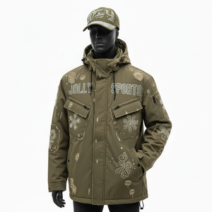 Chaqueta Softshell Premium a prueba de viento tela de poliéster transpirable verde oliva logotipo personalizado chaqueta Softshell de diamantes de imitación para hombre - Product Image 1