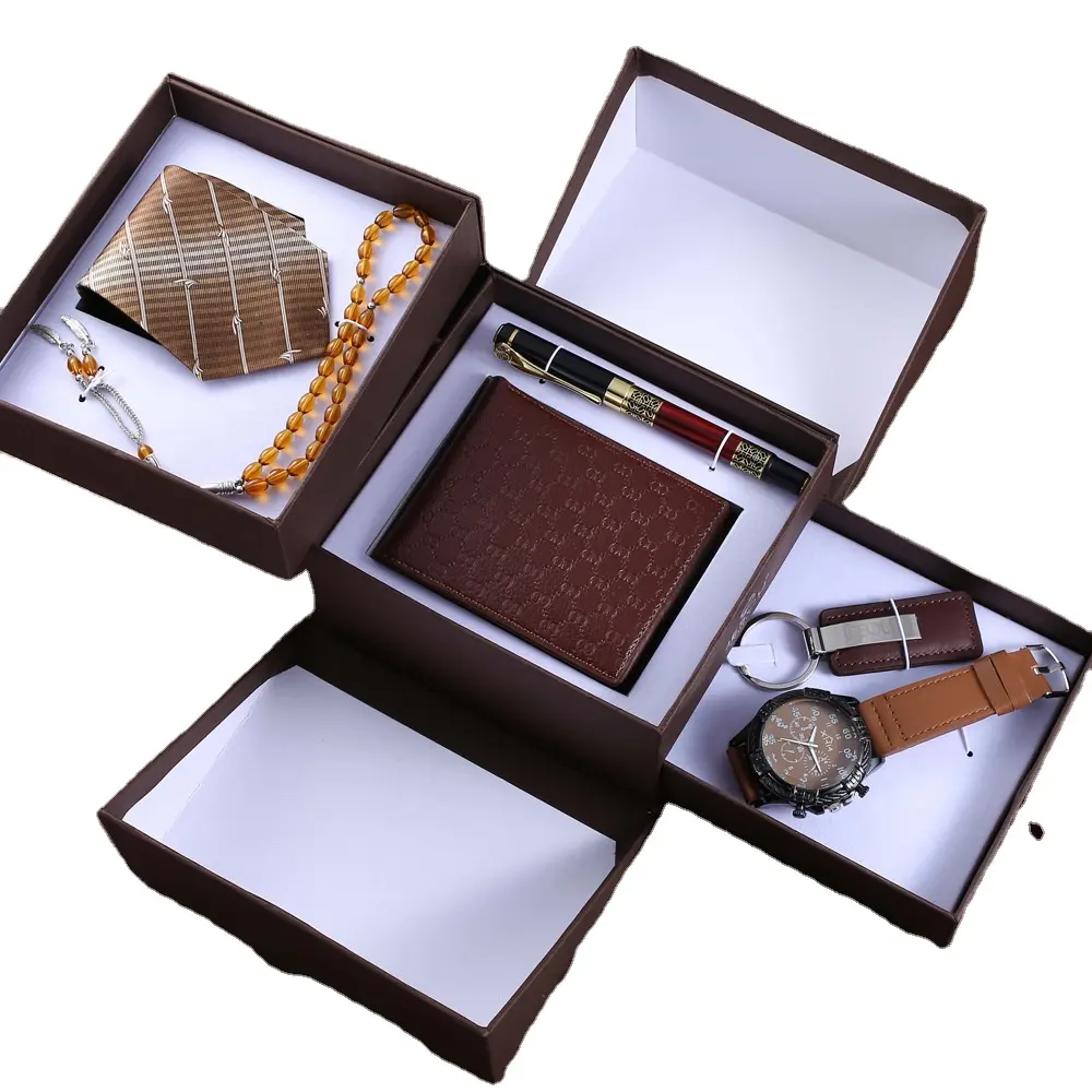 Luxury 3-schicht Folding Gift Box Set 6PCS Leather Quartz Watch Keychain Pen Tie Bead Necklace Brown Wallet Wrist Watches Gift Set