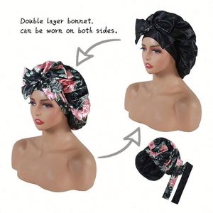 Bonnet de nuit personnalisé pour femmes, double couche avec bande à nouer, réversible, protection des cheveux, cadeau promotionnel - Product Image 3