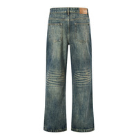 Celana Jeans Denim Model Amerika Vintage Distressed Whisker Tapered Mid Autumn Straight-leg Slim-fit Kasual Panjang untuk Pria Wanita
