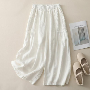 High Waist Cotton Linen Wide Leg Pants With Pockets For Women Casual Spring Summer Style Pink Gray Blue White - Product Image 3
