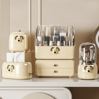 Organisateur de maquillage de luxe moderne et minimaliste en plastique, anti-poussière, avec couvercle rabattable et tiroirs pour coiffeuse, cosmétiques et soins de la peau