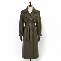 Trench-coat long en peau de mouton vert olive pour femme, avec ceinture, revers, rabat coupe-vent, manches lanternes, ceinture à nouer, coupe-vent toutes saisons, personnalisé