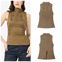 Zevity – Blouse sans manches vintage pour femme, col montant, double boutonnage, style streetwear, fermeture éclair au dos, coupe ajustée, chic