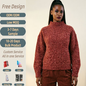 Suéter de Punto Grueso para Mujer, Cuello Alto, Manga Larga, Texturizado, Color Rojo Marrón, Jersey de Punto para Otoño e Invierno - Product Image 2