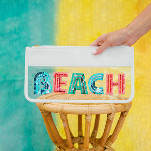 Sac de voyage cosmétique en PVC transparent avec <span class=keywords><strong>fermeture</strong></span> éclair en métal, patchs en chenille personnalisés, pochette à maquillage plate en nylon transparent - Product Image 6