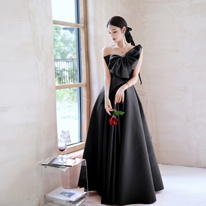 European American Style Black Evening Dress One Shoulder Long Skirt Satin Elegant Wedding Banquet Dress - Product Image 3