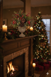 Centre de table vintage d'hiver en verdure artificielle, arrangement de cône de pin, baies rouges et cèdre pour la décoration de cheminée de Noël style ferme - Product Image 4