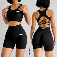 Ensemble de yoga sans couture pour femme avec logo personnalisé, 2 pièces, tenue de sport, soutien-gorge de sport à dos croisé, short de yoga taille haute