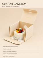 Boîte à gâteau personnalisée avec poignée intégrée, couvercle à ouverture supérieure, papier artistique beige clair, emballage pour boulangerie