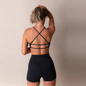 Custom Back <b>Cross</b> Scoop Neck Halter Yoga Bra and High Waist Shorts High Stretchy Fitness Yoga Set - Product Image 4