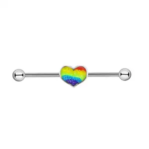 Silver Color With Colorful Rainbow Color Heart Industrial Barbell Piercing Stud Plug