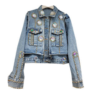 Denim <b>Jacket</b> With <b>Rhinestone</b> Beading And Studs Casual Regular Fit Short Women's Coat - Product Image 2