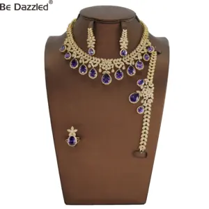 Luxe 3A Paars Volledige Zirkoon Wedding Bridal 24K Gouden Sieraden Set Ketting Armband Oorbellen En Ring Giften Voor moeder/Vrouw