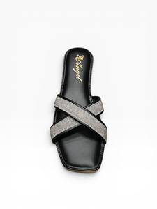 Womens <b>Black</b> Glitter Cross Strap <b>Flat</b> <b>Sandals</b> Open Toe Slip On Casual Party Fashion Footwear for <b>Ladies</b> Open Toe Slip - Product Image 2