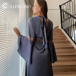 Batas de encaje para <span class=keywords><strong>mujer</strong></span>, ropa de dormir de lujo para <span class=keywords><strong>mujer</strong></span>, decoración de flores en la espalda de boda, vestido de Bata, Pijama largo y elegante de punto aceptado - Product Image 5