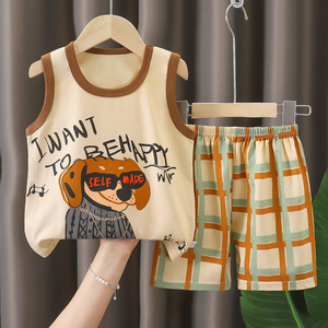 ชุดเสื้อกั๊กการ์ตูนเด็กฤดูร้อนใหม่ ผ้าฝ้ายแท้ ชุดสองชิ้นสำหรับเด็กหญิงและเด็กชาย - Product Image 1