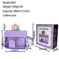 Bouteille d'eau en plastique durable avec design de maison 3D, 14 oz, pour enfants, avec paille et sangle, pour l'école et les voyages