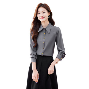 Women's Grey Chiffon Shirt Solid Color Long Sleeve Office Blouse Polyester Fabric Simple Design 2024 Korean Style - Product Image 5