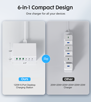 Chargeur mural de bureau 120W à 6 ports (3 USB-C et 3 USB-A) avec prises EU, UK, AU, JP, US pour iPhone 17/16/15/14/13 Pro - Vente en gros usine