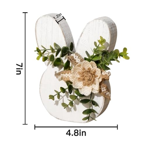 Rustikale Antike Holz-Häschen Fröhliche Oster-Tischdekoration Schilder Weißer Hase mit Blumen Holz-Häschen Osterdekoration - Product Image 2