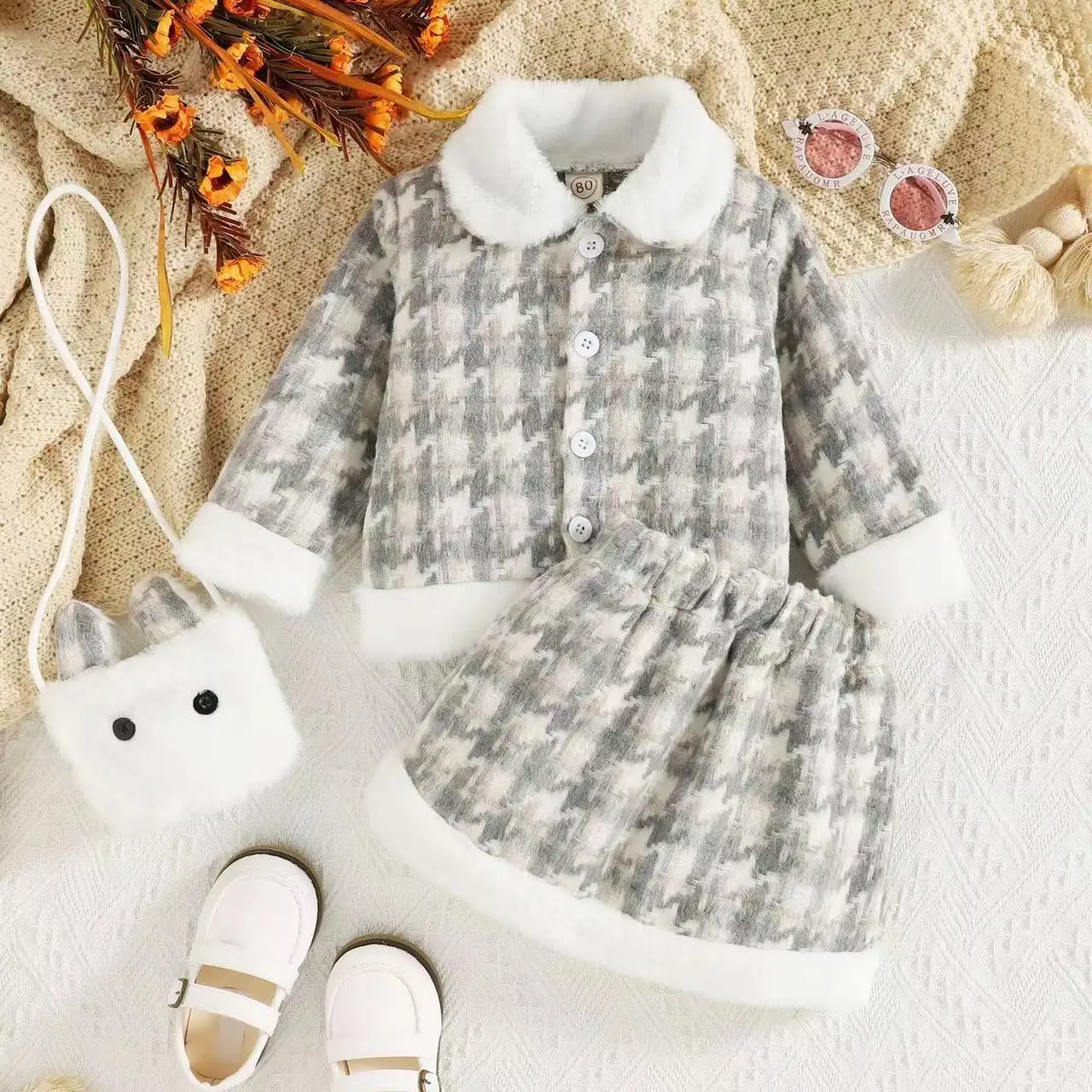 New Arrived Winter Turndown Collar Plaid Cardigan Jacket Skirt Sets Winter Children Clothes For Outwear
