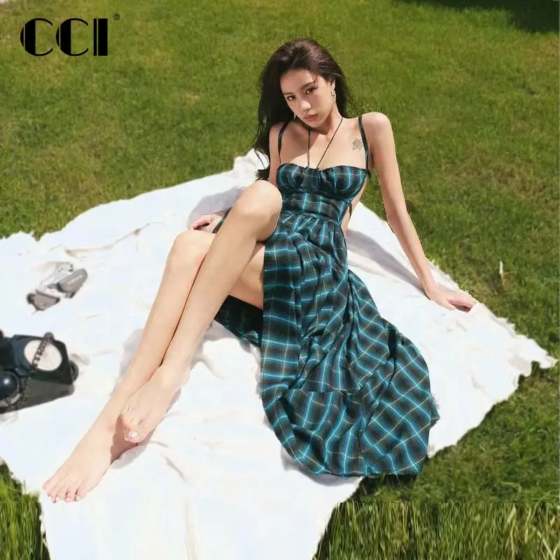 Vintage Summer Green Plaid Vacation Beach Dress Sexy Women Backless Spaghetti Strap Long Evening Party Dress