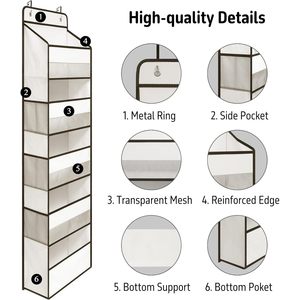 Organisateur blanc à suspendre derrière la porte, 5 grandes poches transparentes, 6 poches latérales en maille, rangement suspendu anti-basculement pour derrière les portes et les murs - Product Image 4