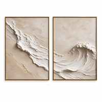 Tableau en toile texturé 3D vague océanique beige sculpturale, diptyque côtier neutre pour la décoration d'hôtels, villas, chambres et salons