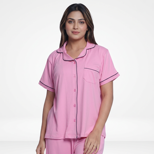 Conjunto de Pijama de Algodón Rosa para Mujer, Manga Corta, Cuello Peter Pan, Ropa de Dormir Clásica, Largo Completo, Suave, Transpirable, Cintura Elástica - Product Image 4