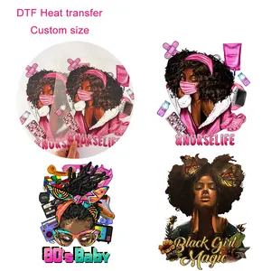 Fabricant vente en gros fille aux cheveux bouclés conçoit logo autocollant transfert de chaleur personnalisé transferts DTF de qualité supérieure pour t-shirt